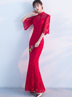 Stylish Red Flare Sleeve Lace Prom Dress