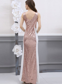 Gold V-neck Off Shoulder Shimmer Prom Dress With Split