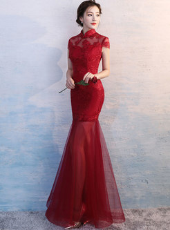 Elegant Mesh Splicing Mandarin Collar Slim Prom Dress