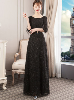 Elegant Black O-neck Belted Slim Banquet Dress