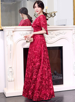 Elegant Red Waist Lace Evening Dress
