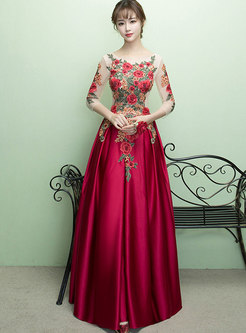 Chic Embroidered Gathered Waist Maxi Dress For Wedding