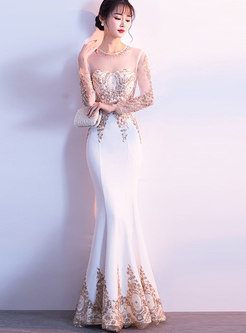 Champagne Off Shoulder Long Sleeve Mermaid Formal Dress