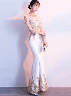 Champagne Off Shoulder Long Sleeve Mermaid Formal Dress