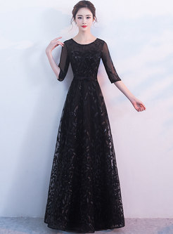 Stylish Black Half Sleeve Bowknot Evening Dress