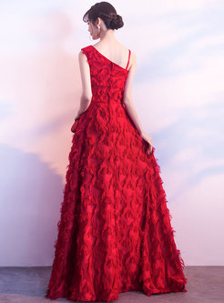 Elegant Red Tassel Patch Gathered Waist Evening Dress