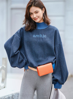 High Neck Letter Embroidered Loose Sweatshirt