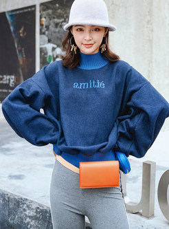 High Neck Letter Embroidered Loose Sweatshirt