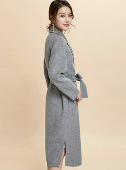 Notched Tie-waist Slit Long Coat With Pocket