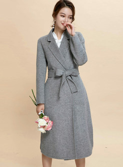 Notched Tie-waist Slit Long Coat With Pocket