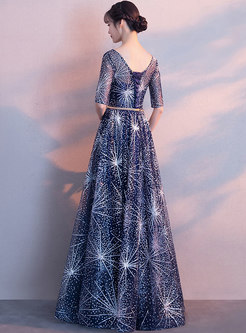 Elegant Print Belted Evening Dress With Sequins