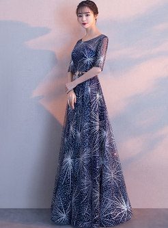 Elegant Print Belted Evening Dress With Sequins