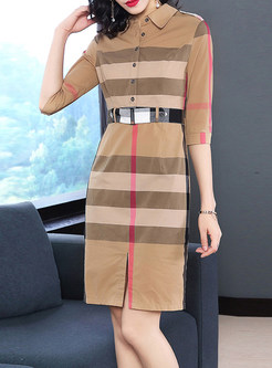 Hit Color Striped Bodycon Shirt Dress