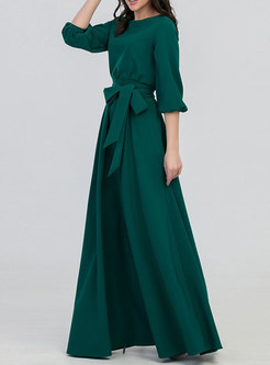 Crew Neck Party Maxi Dress With Belt