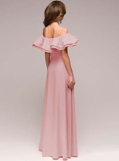 Fashion Pink Slash Neck Petal Sleeve Prom Dress