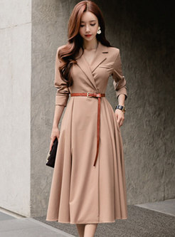 Notched Collar Belted Swing Work Midi Dress