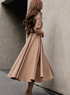 Notched Collar Belted Swing Work Midi Dress
