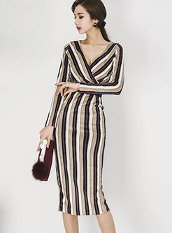 Elegant Autumn Deep V-neck Striped Midi Dress
