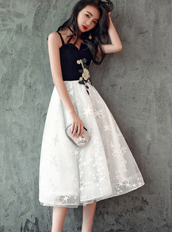 Black-white Stitching Off Shoulder Midi Evening Dress