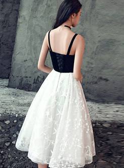 Black-white Stitching Off Shoulder Midi Evening Dress