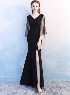 Elegant Black V-neck Slit Prom Dress