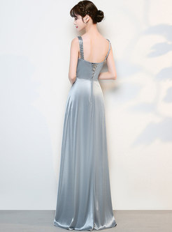 Grey Deep V-neck Beaded Slim Maxi Prom Dress