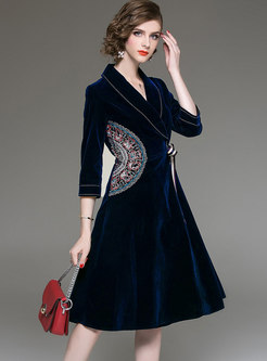 Autumn Turn-down Collar Embroidered Self-tie A Line Dress