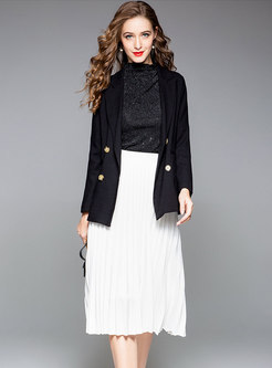 Trendy Black Double-breasted Slim Blazer & White Pleated Skirt