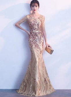 Elegant Gold O-neck Maxi Evening Dress With Sequins