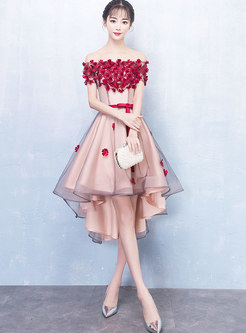 Fashion Stereoscopic Flower Slash Neck Asymmetric Dress For Wedding