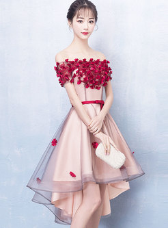 Fashion Stereoscopic Flower Slash Neck Asymmetric Dress For Wedding