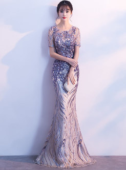 Elegant O-neck Gathered Waist Mermaid Evening Dress
