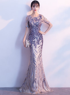 Elegant O-neck Gathered Waist Mermaid Evening Dress