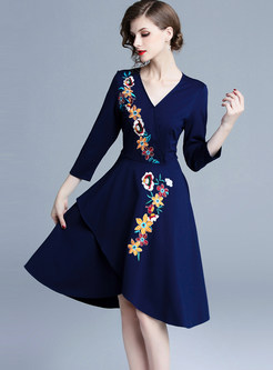 V-neck Embroidered Asymmetric A Line Dress