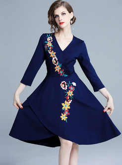 V-neck Embroidered Asymmetric A Line Dress