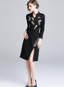 Fashion V-neck Long Sleeve Embroidered Slit Dress