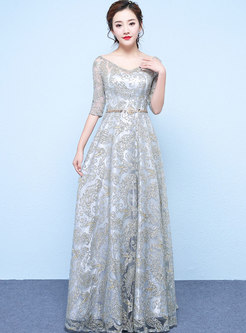 Elegant Lace V-neck Belted Hem Prom Dress
