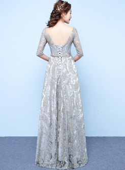 Elegant Lace V-neck Belted Hem Prom Dress