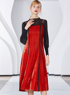 Stylish Black Lace Stitching Top & Strap High Waist A Line Dress