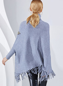 Chic Turtle Neck Long Sleeve Linen Fringed Sweater