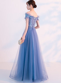 Elegant Blue Slash Neck Gauze Evening Dress