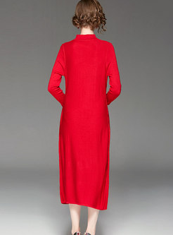 Fashion Red Mandarin Collar Long Sleeve Sheath Wedding Dress