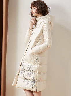 Print Hooded Single-breasted Straight Puffer Coat