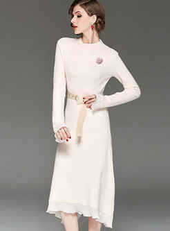 Fashion Autumn Apricot O-neck Belted Knitted Dress