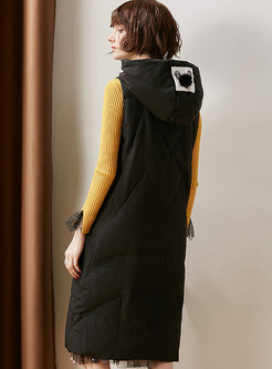 Stylish Black Hooded Zipper Down Vest