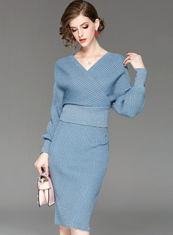 Stylish Winter V-neck Long Sleeve Sweater & High Waist Sheath Skirt