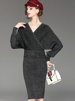 Stylish V-neck Long Sleeve Sweater & High Waist Sheath Skirt