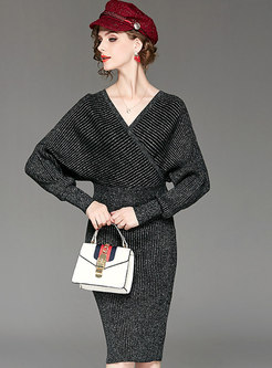 Stylish V-neck Long Sleeve Sweater & High Waist Sheath Skirt