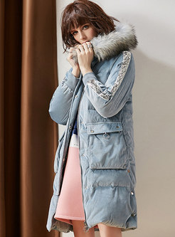 Chic Splicing Hooded Down Coat With Sequins
