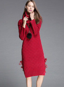 High Neck Slim Asymmetric Drawstring Knitted Dress